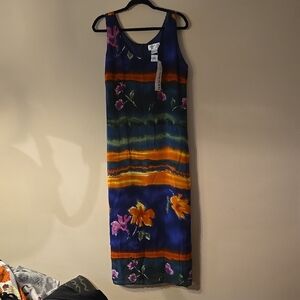 Adolfo Sleeveless Blue and Orange Sheath Maxi Dress